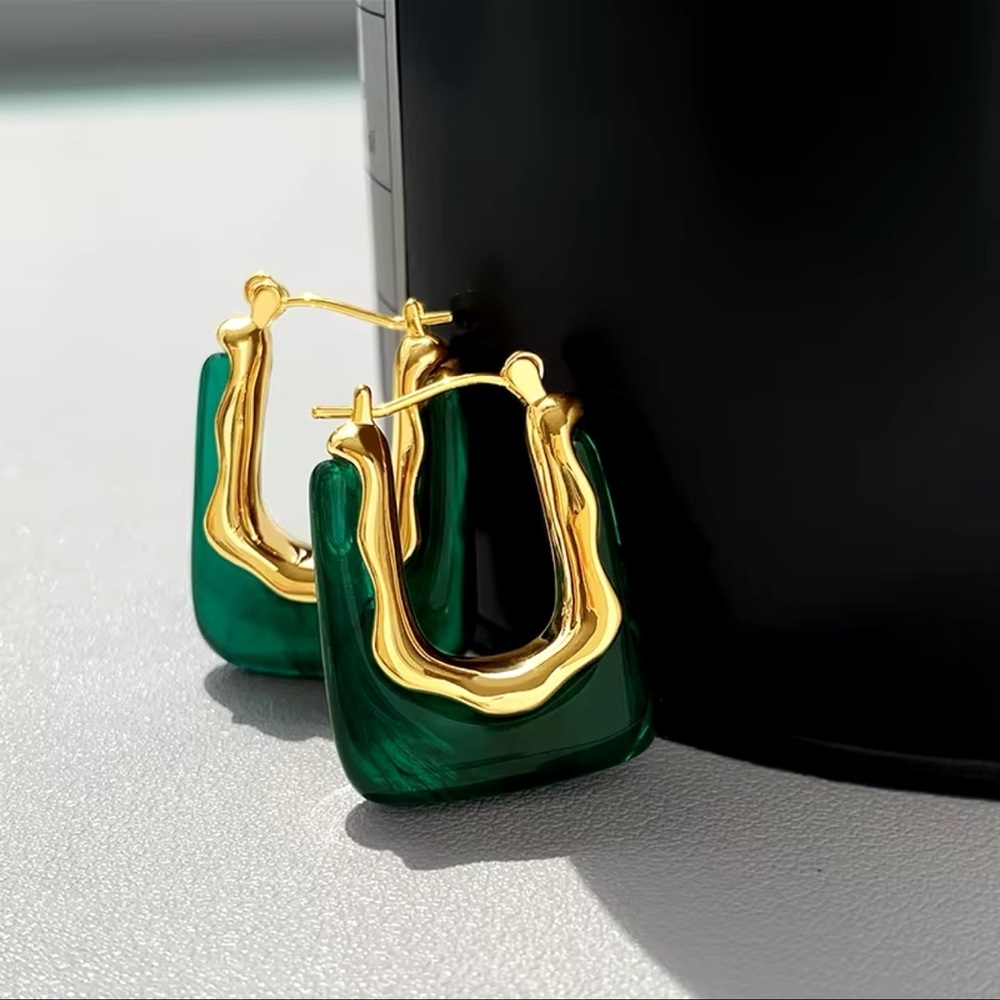 Anthropologie Casa Clara Andy Earrings Jade green stone gold hoop - Picture 8 of 8